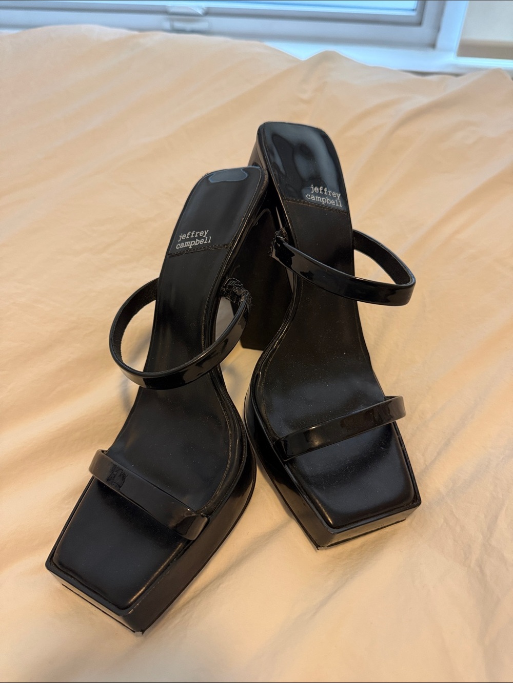 Jeffrey Campbell Black Patent Square-Toe Double-Strap Block Heels